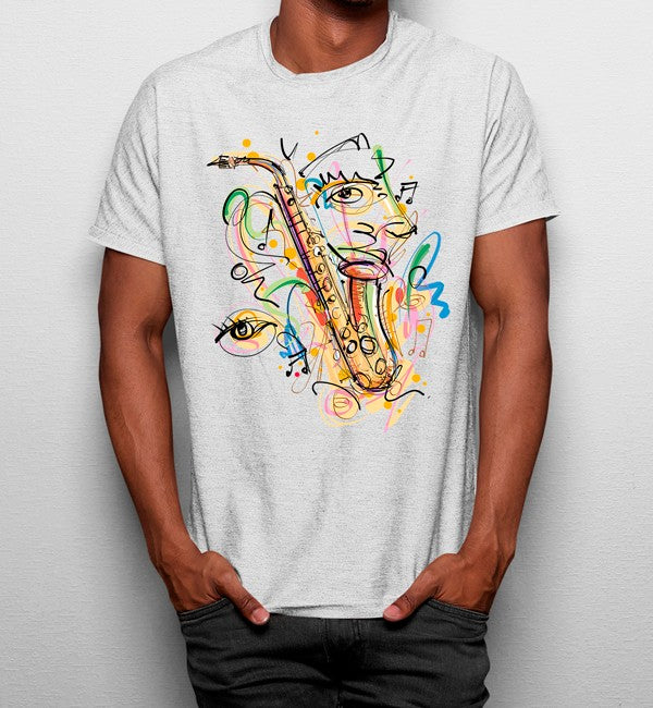Camiseta Saxofón Dibujo Mono Colorido
