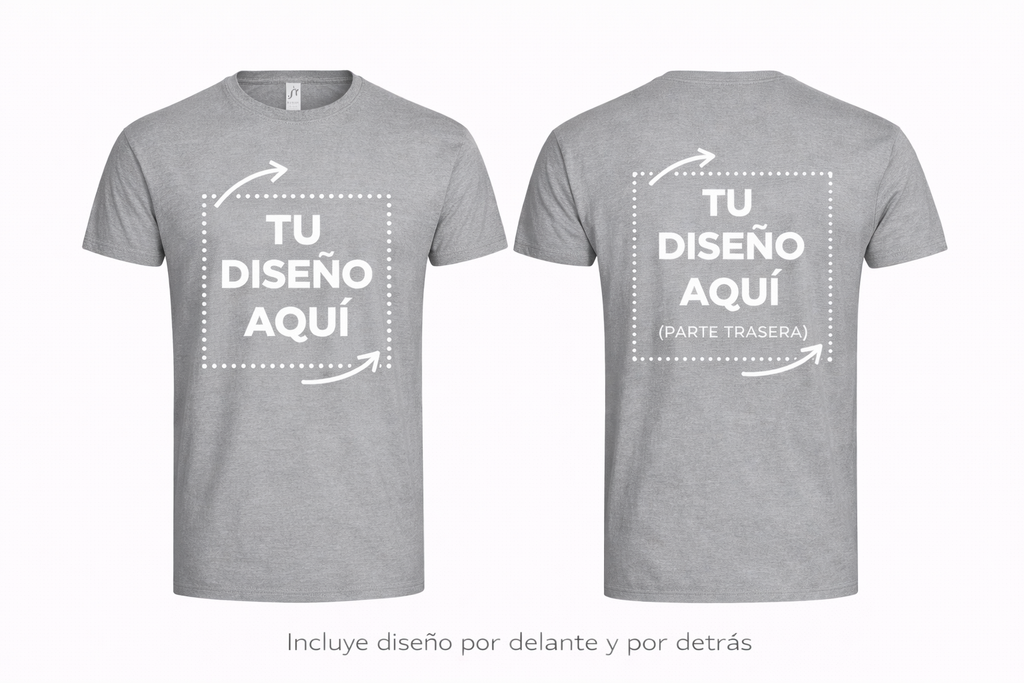 Camiseta Gris personalizada – Foto o texto (Frontal + Trasera)