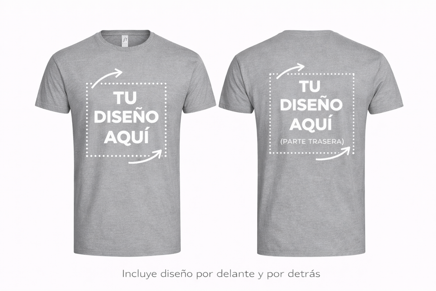 Camiseta Gris personalizada – Foto o texto (Frontal + Trasera)